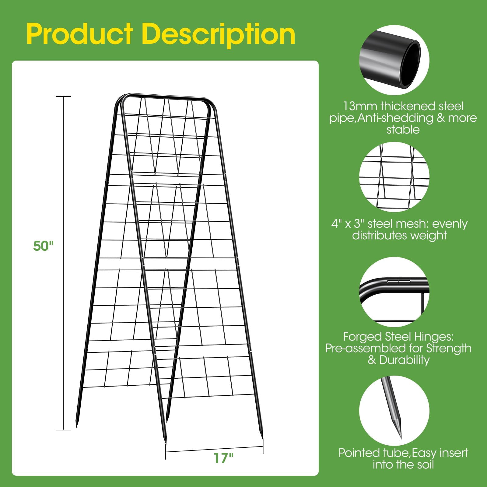 Metal Trellis Heavy Duty 50.4"x17", Adjustable A-Frame Garden Trellis for Climbing Plants, Black Rust-Proof Metal Cucumber Trellis with Dense Grid Design for Raised Beds, Tomatoes, Outdoor Vines 1 Pc