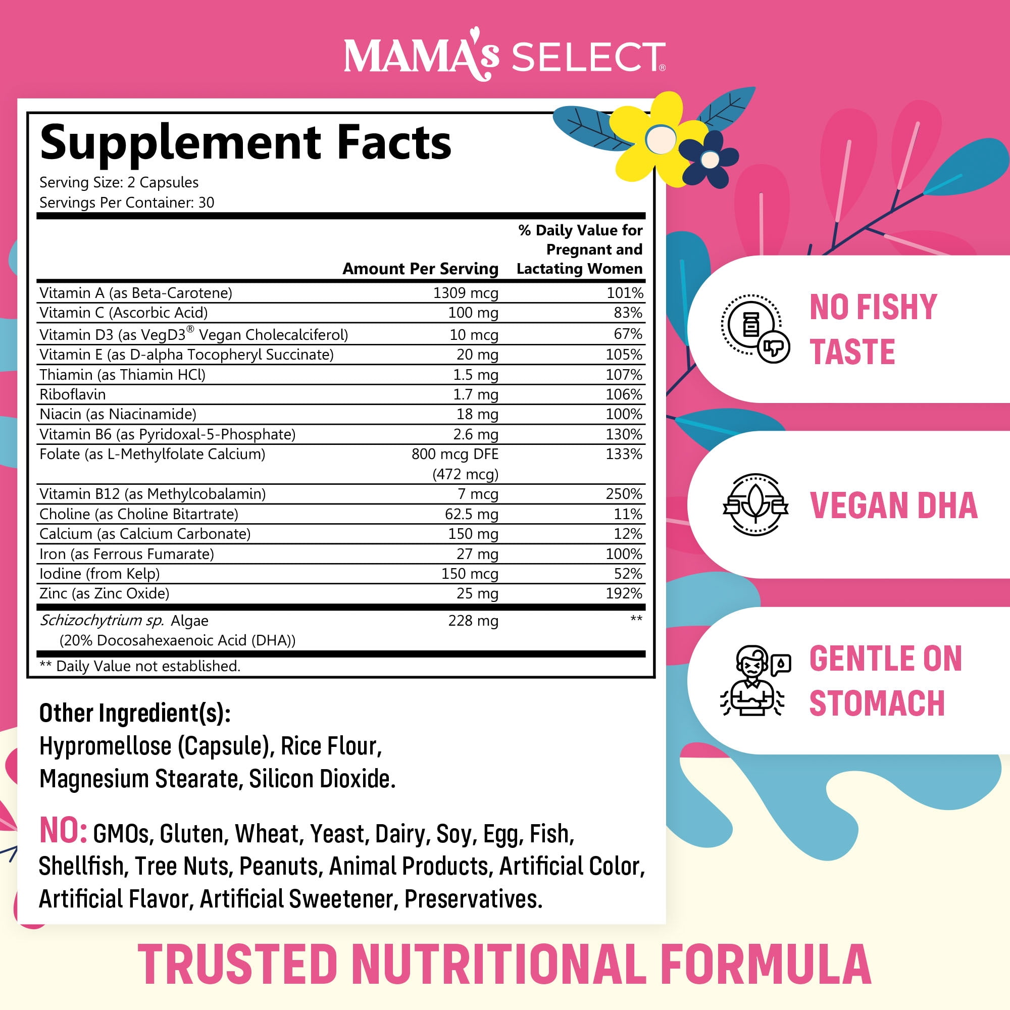 Mama’s Select Prenatal Vitamins with Vegan DHA – MTHFR-Friendly, Fish-Free & No Fish Burps, Allergen-Free, Gentle on Digestion, No Biotin Added