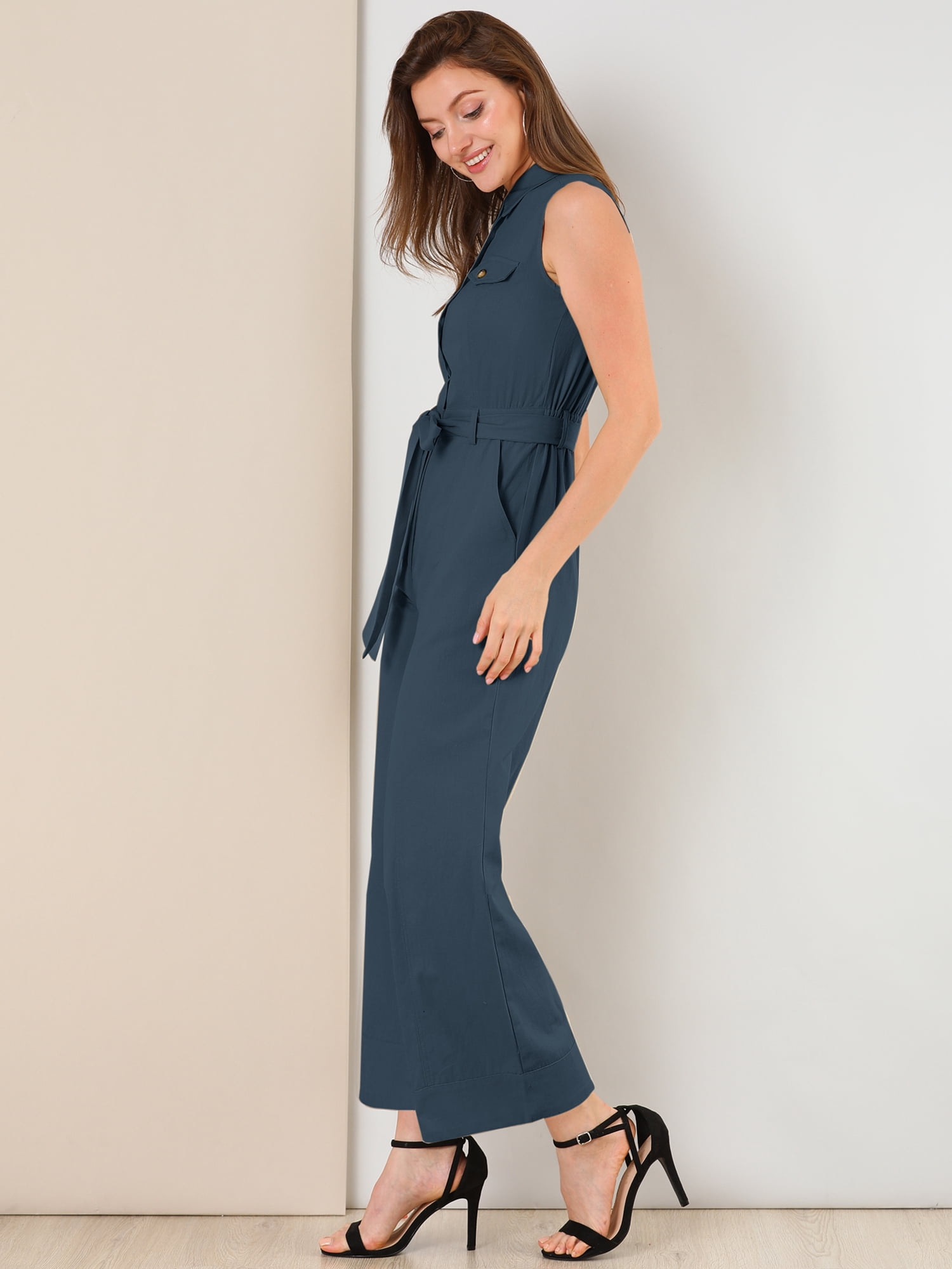 DARING DIVA Women's Wide Leg Jumpsuit Collared Tie Waist Coverall M Navy Blue