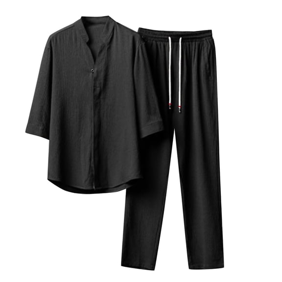 RUTAYY Men's Outfits 2 Piece Short Sleeve Button Shirt Trousers Solid Color Comfortable Breathable Daily Wear Beach Vacation Clothing Sets