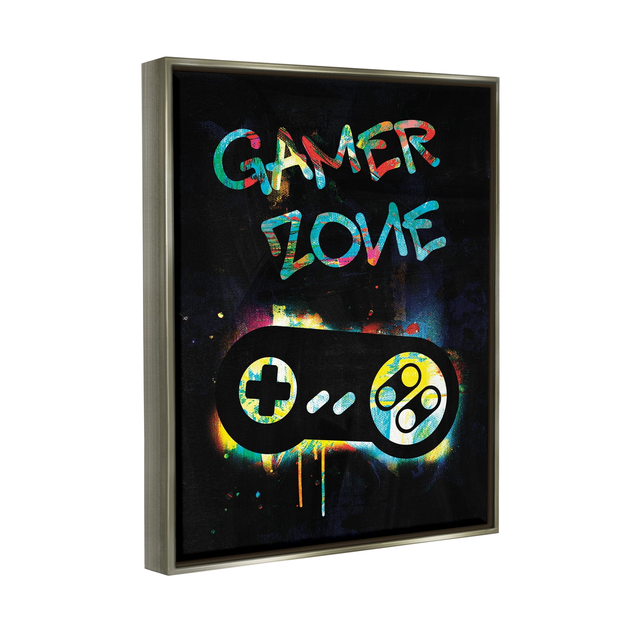 Stupell Industries Gamer Zone Vintage Controller Neon Paint Splatter Graphic Art Luster Gray Floating Framed Canvas Print Wall Art, Design by Victoria Barnes