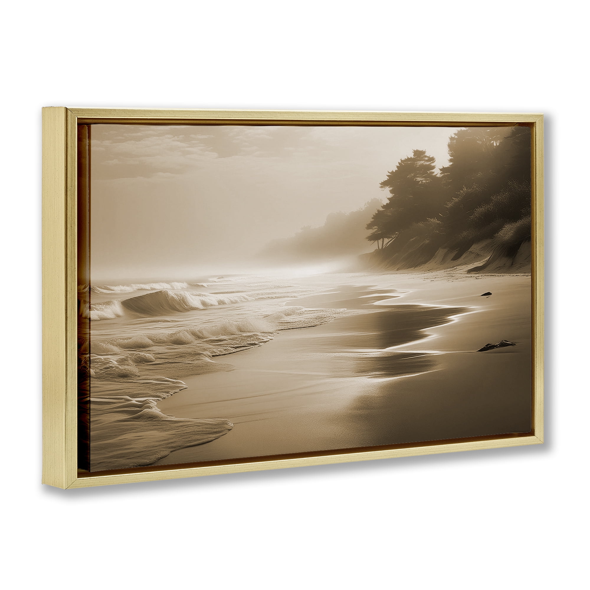 Stupell Industries Sepia Smooth Beach Landscape Landscape & Nature Photography Gold Floater Framed Canvas Art Print Wall Art, 31 x 21