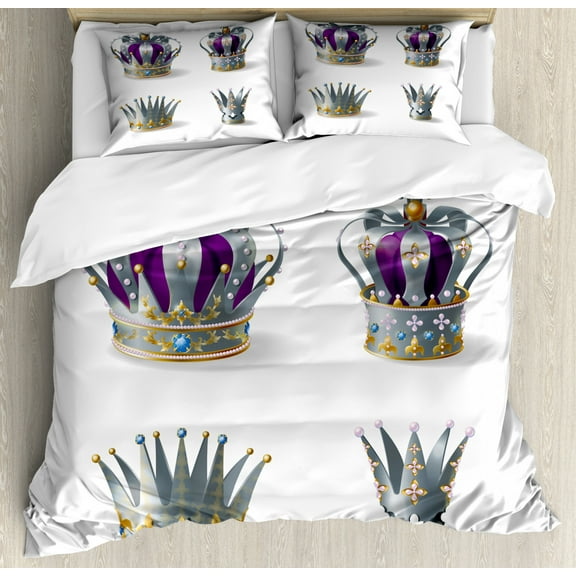 Crown Duvet Cover Set, Digitally Generated Image of Detailed Head Ornaments Along Gems Pearls, Decorative 3 Piece Bedding Set with 2 Pillow Shams, King Size, Pale Slate Blue Purple, by Ambesonne