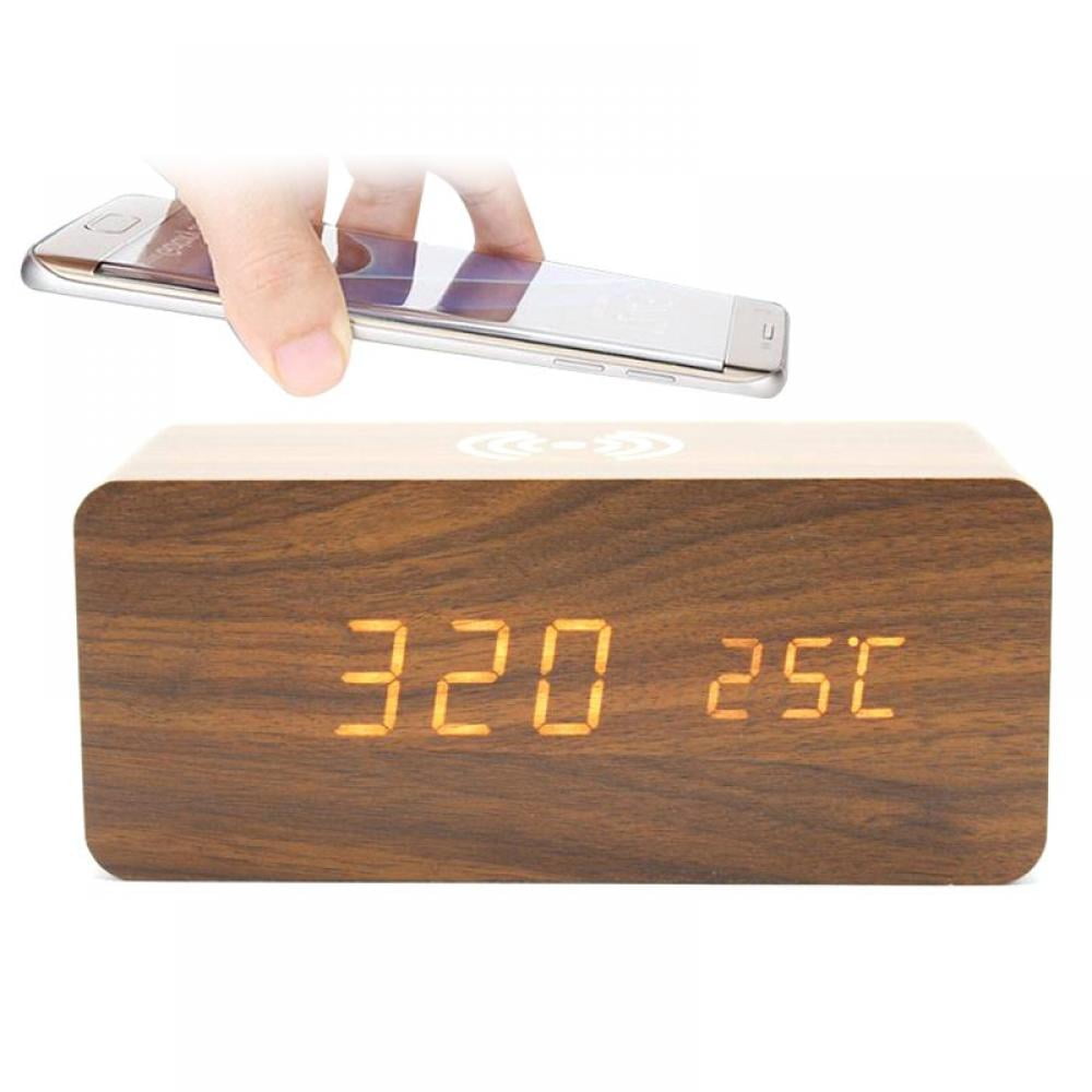 Wooden Alarm Clock with Qi Wireless Charging Pad Compatible with iPhone