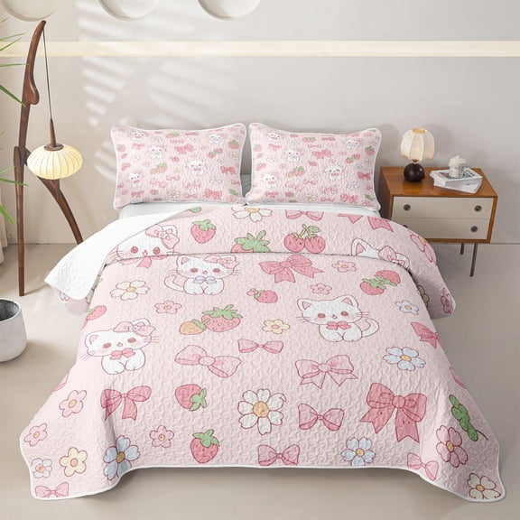 Erosebridal Bowknot Cat Strawberry Twin Quilt Set for Girls, Cute Groovy Flower Twin Coverlet Set, 2pcs