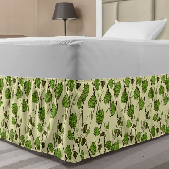 Vine Bed Skirt, Grapevine Pattern with Repeating Hand-Drawn Green Leaves Illustration, Elastic Bedskirt Dust Ruffle Wrap Around for Bedding Decor, 4 Sizes, Green Brown Cream, by Ambesonne
