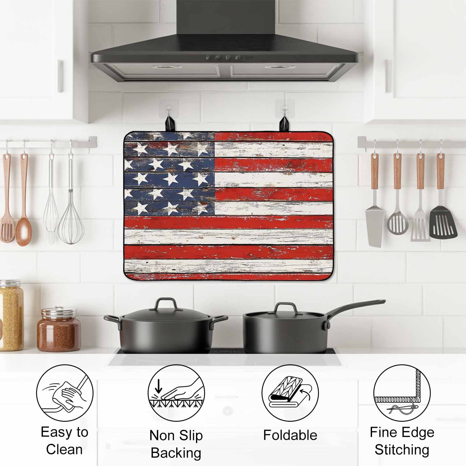 American Flag Stove Top Cover for Electric Stove, Heat-proof & Non Slip Glass Top Stove Cover Protector, Red Blue Star Stripes Rustic Farmhouse Wood Kitchen Flat Cooktop Rubber Mat 24x21 Inches