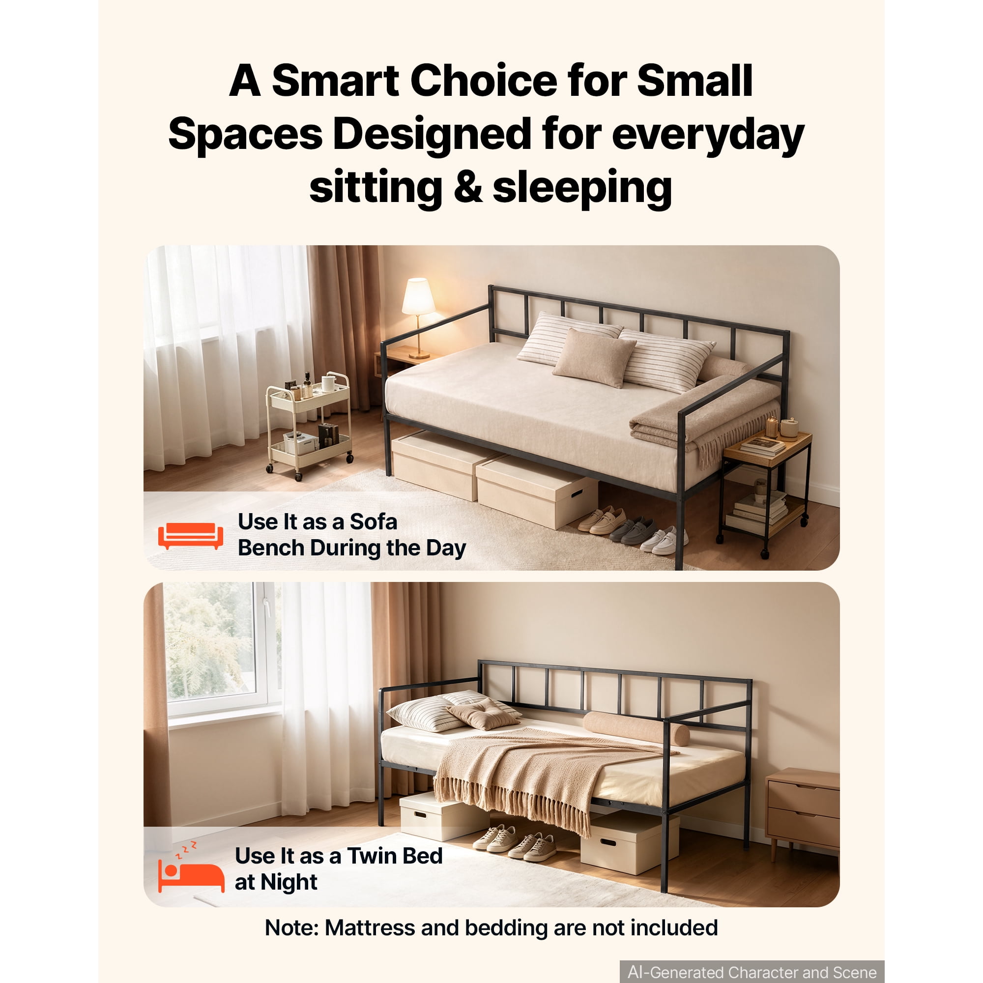 KFFKFF Twin Daybed Metal Frame with Under-Bed Storage, Ideal for Living Room, Bedroom, or Guest Room, Space-Saving Design, Durable Metal Construction, Simple Assembly, Without Trundle, Black