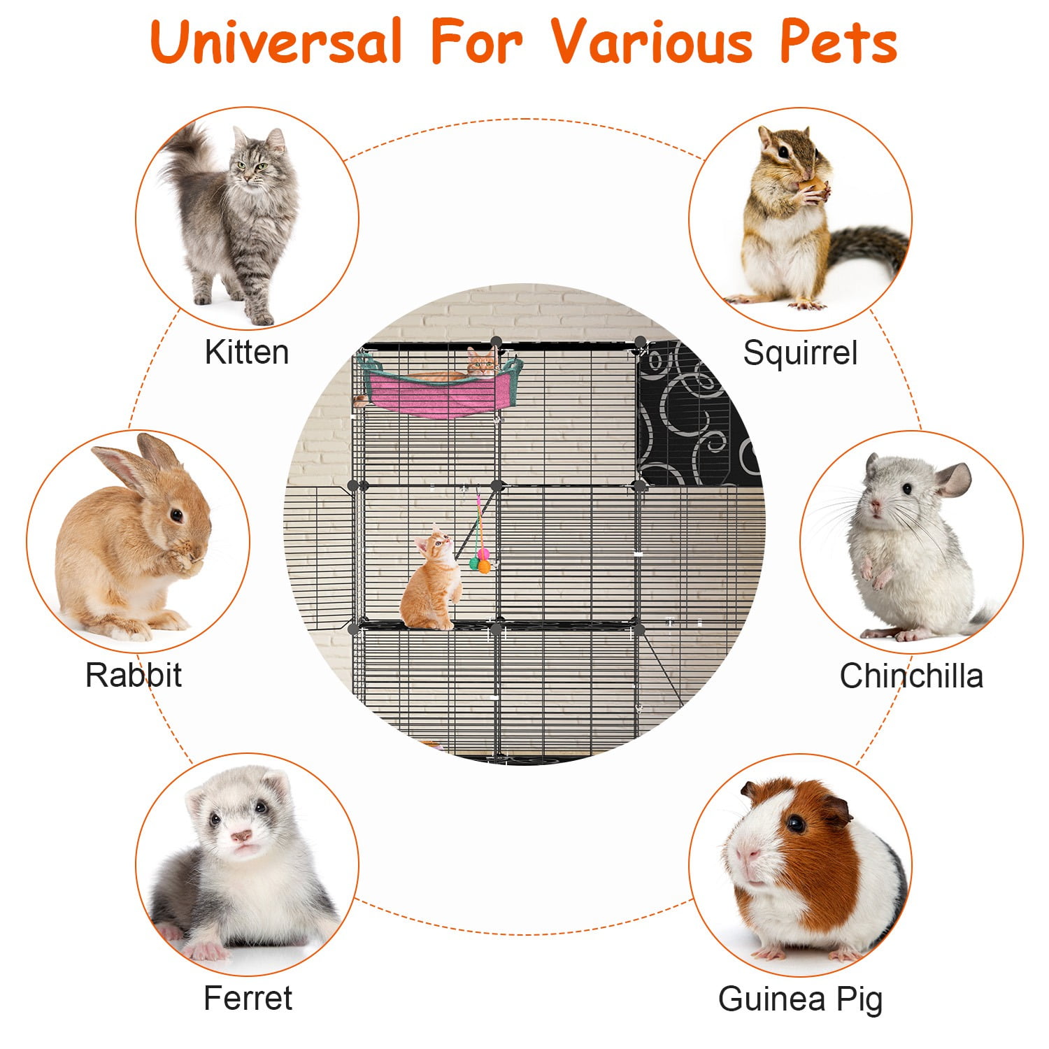 Moclever 3-Tier Large Cat Cage, Enclosure Indoor DIY Iron Pet Cage Playpen with Hammock Toy Ball Ladder for 1-2 Cats Ferret Rabbit Small Animals, Black