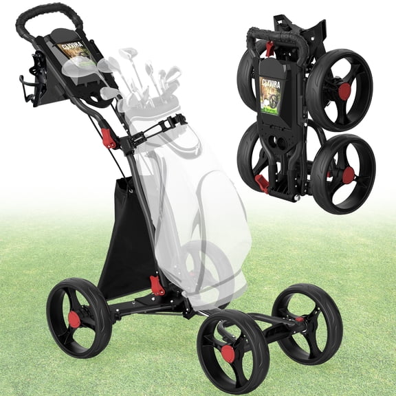 4-Wheel Golf Push Cart, 1-Click Folding, 300 lbs Load Capacity, Large Storage with Cup Holder, Cooler Bag, 10" Durable Wheels with Brake for All-Terrain, CruiseMaster V8 Golf Cart