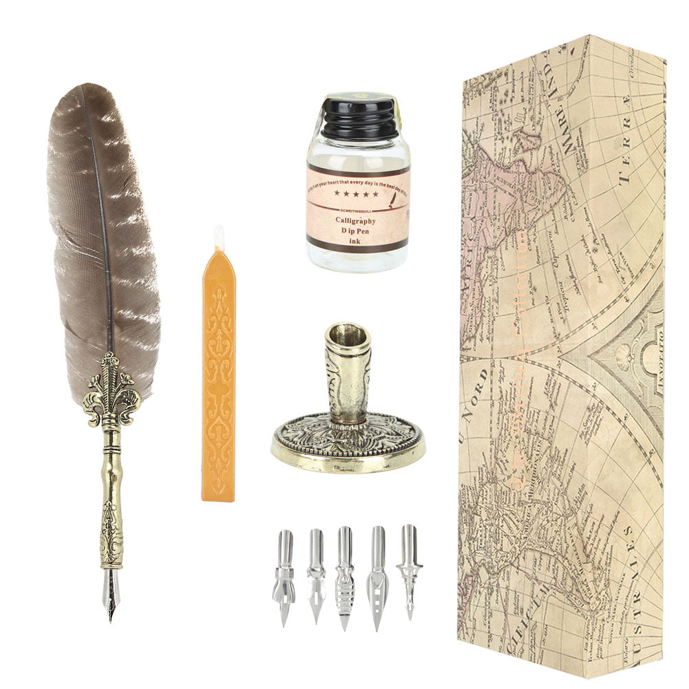 Travel Calligraphy Writing Set 7 Brass Nibs/Feather Quill/Wood Pen Stylus/1 Ink 