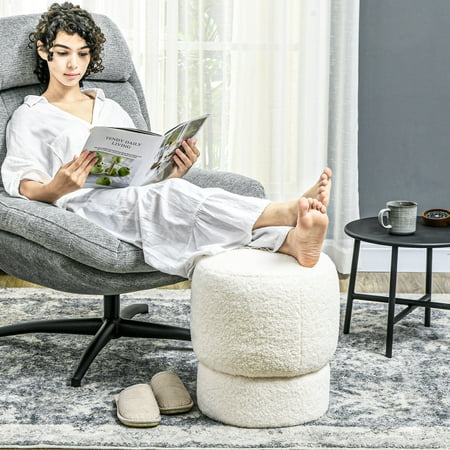 HOMCOM Round Ottoman Foot Stool with Fabric Upholstered Seat, White
