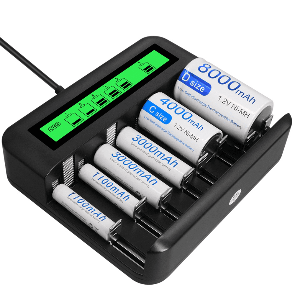 LCD Display Universal Battery Charger,8 Bay Smart Charger for Rechargeable Batteries Ni-MH/Ni-Cd A AA AAA SC C D Batteries with USB Port Type c and Overcharge Prevention Function 