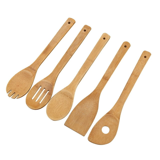 Juego de 5 cucharas y espátulas de madera para cocinar, utensilios de bambú, perfectos para sartenes y utensilios de cocina antiadherentes.