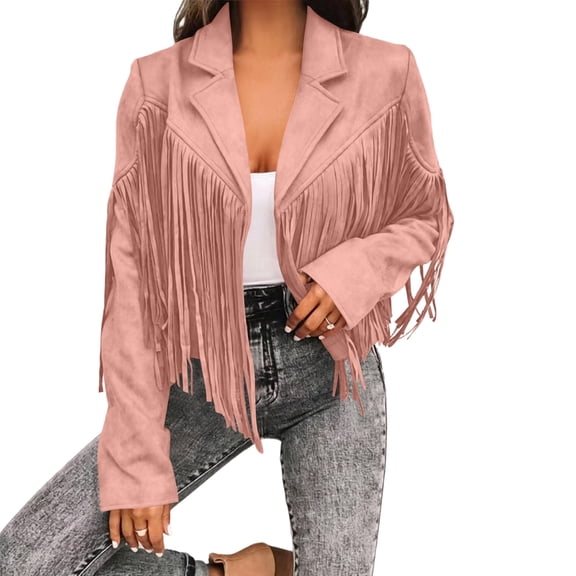 PBFRDSJ Fringe Faux Suede Leather Jackets for Women Lapel Open Front Tassel Coat Tassel Motorcycle Slim Crop Coat
