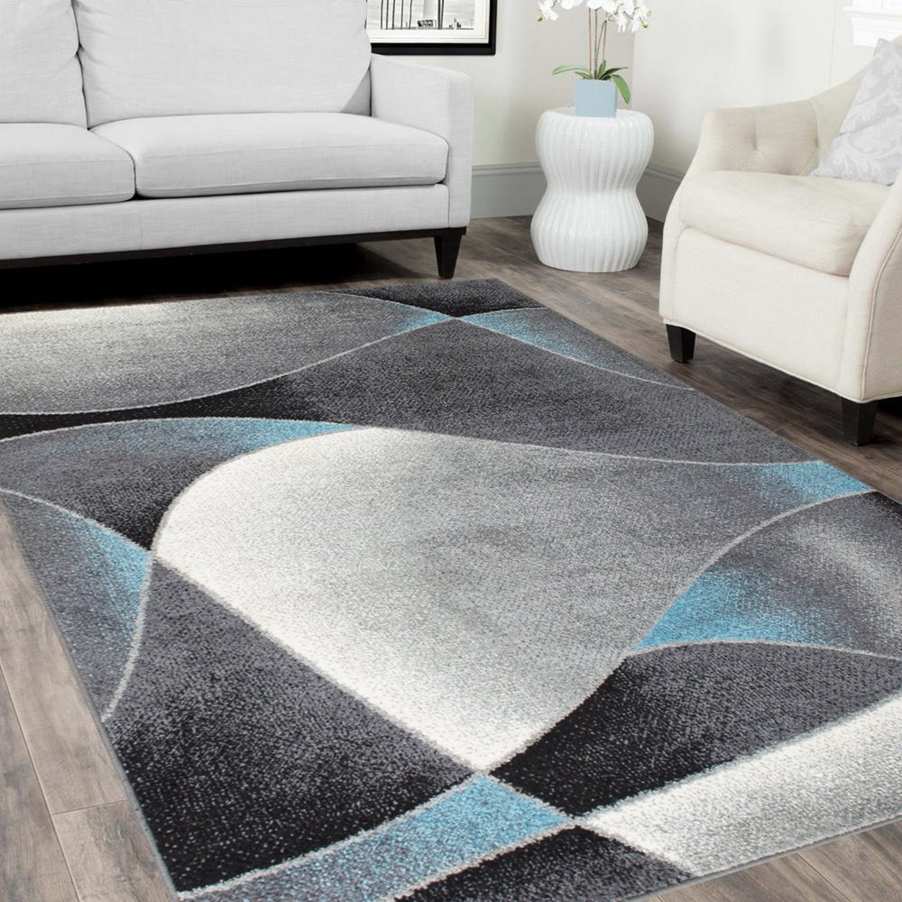 Blue/White/Black Faded,Distressed Area Rug Swirls Sync Pattern Area