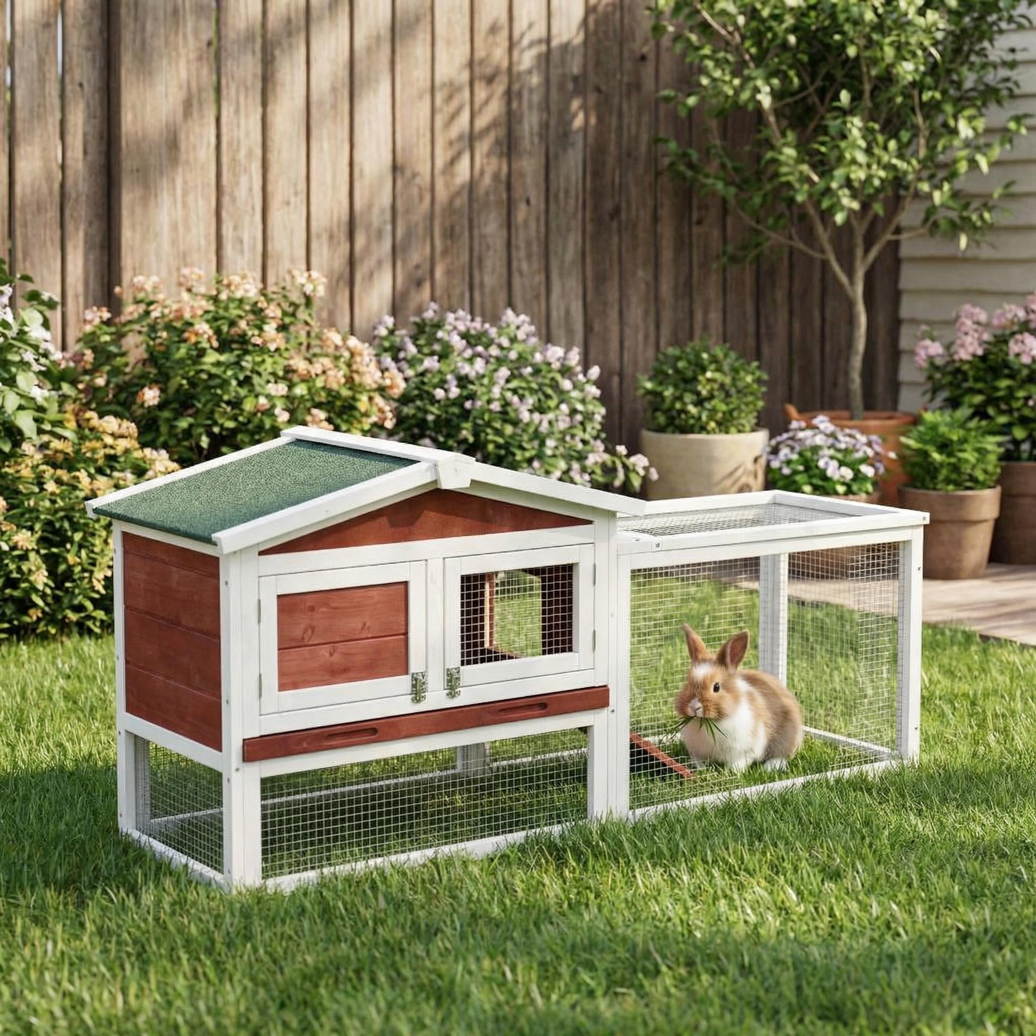 Rabbit Hutch Indoor and Outdoor, Wooden 60in 2-Story Rabbit Bunny Cage with Removable Wire Netting and Leak Proof Tray Anti-Chew Metal Frame Ramp for Small Animals, Weatherproof (Rufous White)