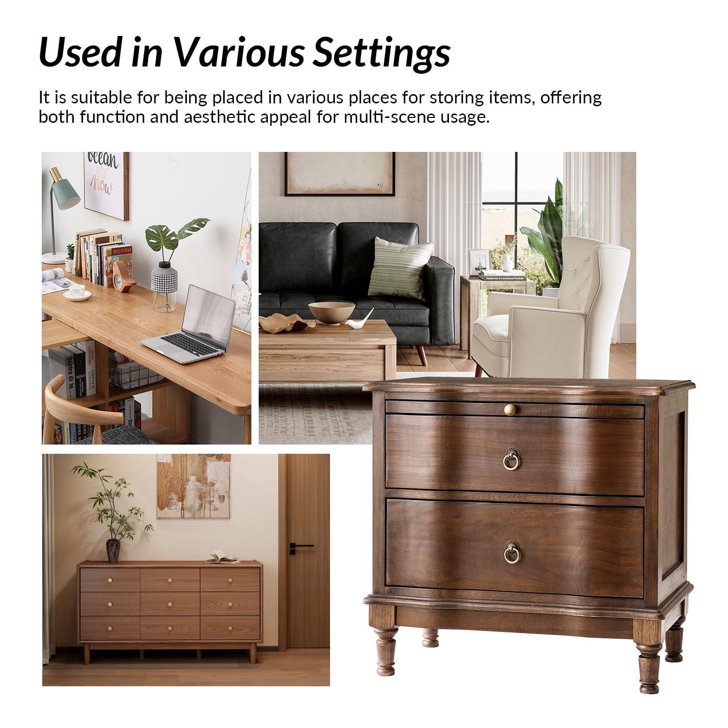 25" Traditional 2 Drawers Solid Wood End Table Set of 2 with Pull-out Tray and Charging Station Walnut