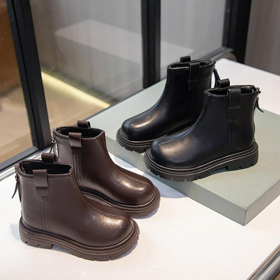 Mwjwdo Girls Mid Calf Boots Fashionable Casual Artificial Leather Comfortable Non-Slip Warm Booties Great for Fall and Winter Stylish Children's Footwear Brown 32