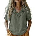 thumbnail image 2 of Summer Sales Womens Summer Tops Work‑Style Ruffled V‑Neck Pleated Short Sleeve Loose‑Fit Blouse Oversized Tshirts for Women Under 12$, 2 of 8