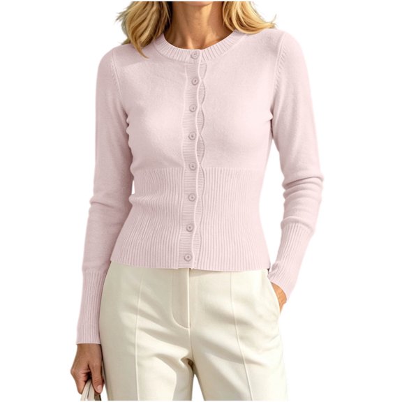 Lnmiateer Women Crew Neck Button Down Cropped Knit Cardigan Long Sleeve Lightweight Open Front Sweater Shrug Casual Summer Layering Outerwear