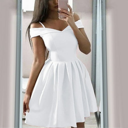 Mrat Women's Pleated Flare Mini Dress Satin Homecoming Dresses Sleeveless Spaghetti Strap A-Line Prom Dress Cute Short Party Gown Dress Cute Short Party Gown Dress White S