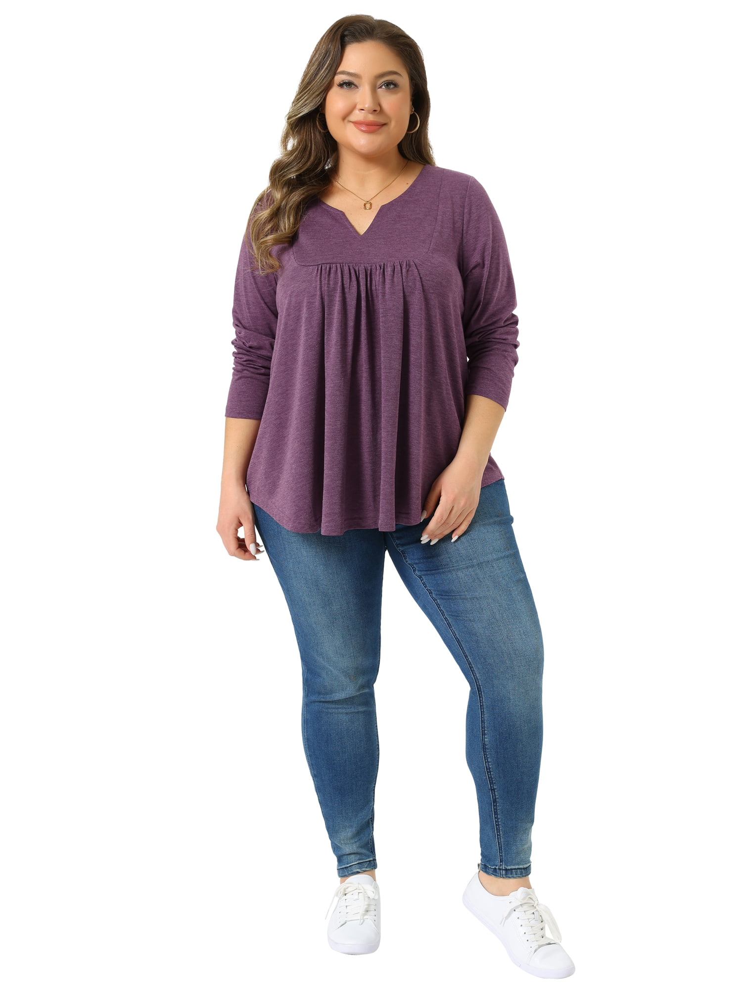 DARING DIVA Women's Plus Tops Notched Neck Front Pleated T-Shirt Blouses 4X Purple