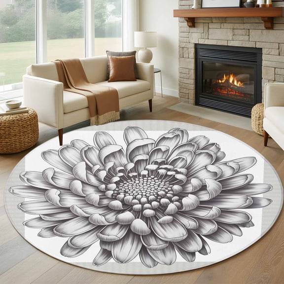 Round Area Rug 8 Ft, Vintage Chrysanthemum Washable Non-Slip Circle Carpet for Living Room/Bedroom, Elegant Floral Retro Art Collection Low-Profile Large Area Rugs for Indoor