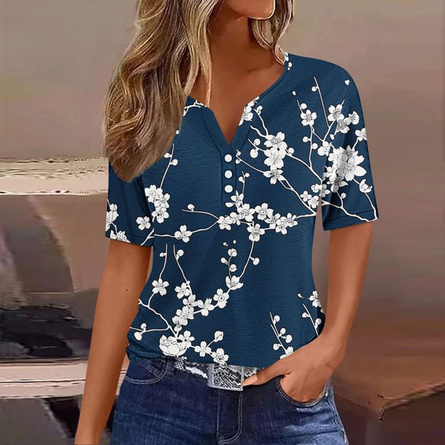 Fiudx Camisas de Mujer Blusa de Manga Corta Estampada a La Moda para Mujer, Blusas Informales con Cuello En V