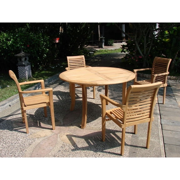 Teak Dining Set:4 Seater 5 Pc - 52" Round Table And 4 Mas Stacking Arm Chairs Outdoor Patio Grade-A Teak Wood WholesaleTeak #WMDSMS5