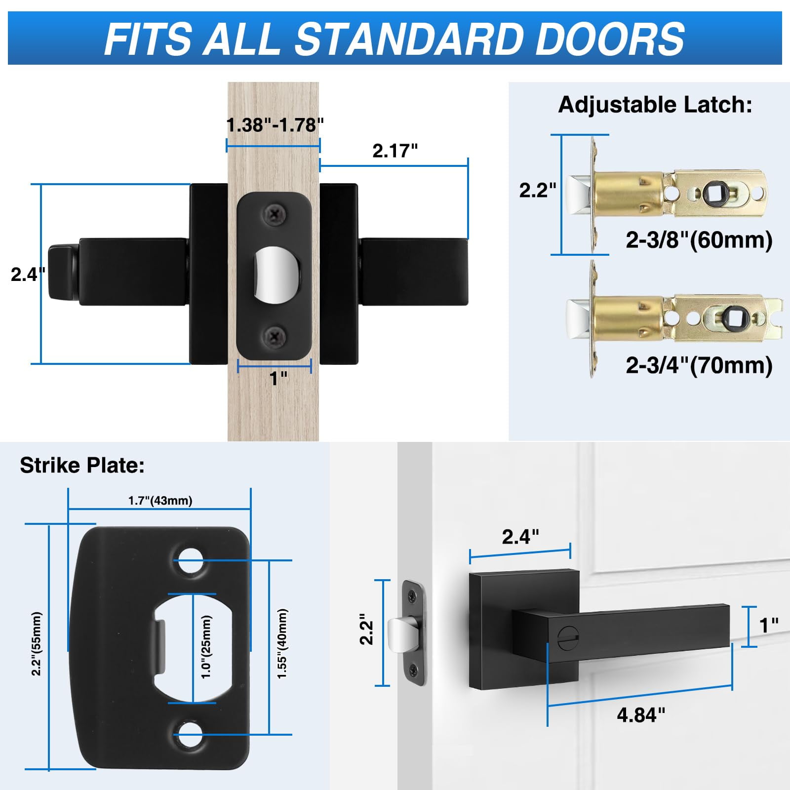 2 Pack Matte Black Door Handles, Aertyole Keyless Interior Door Knobs, Privacy Door Lever Locksets for Bedroom Bathroom, Heavy Duty Square Door Lock (2.0lb), Reversible for Left & Right Handled Doors