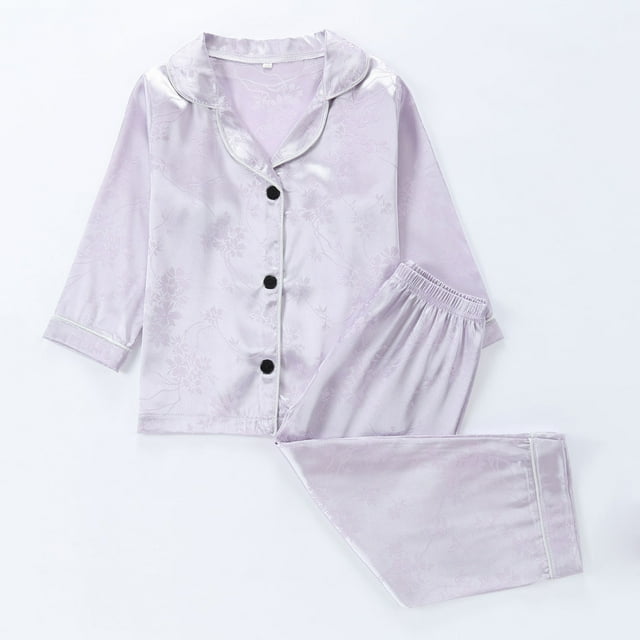 Fridja Satin Pajamas for Girls, Summer Solid Color Long Sleeve Comfortable Soft Satin Button Down PJ Set Gift for Slumber Party, Birthday, Holiday (Purple-C,5-6 Years)
