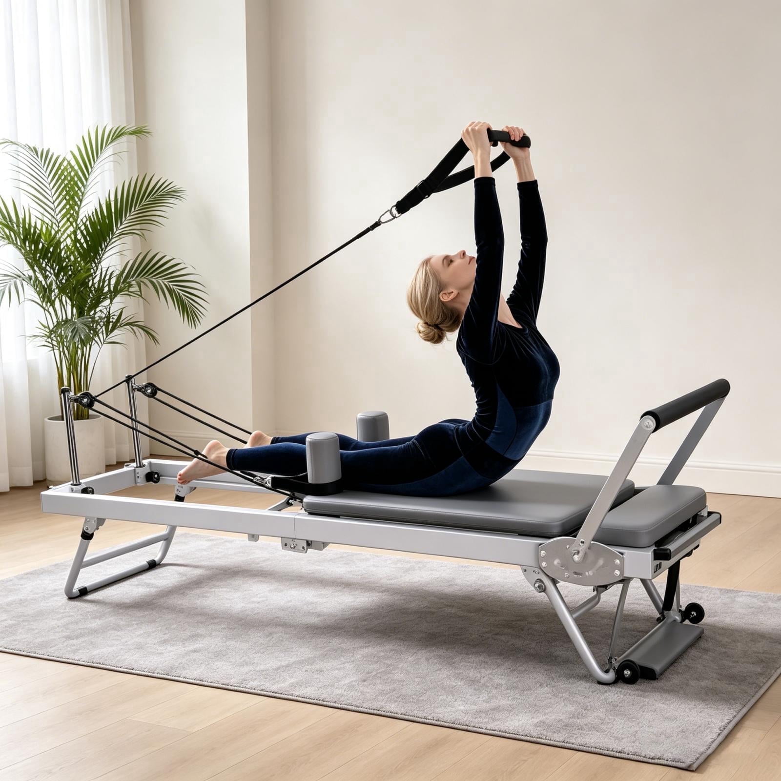 Pilates Reformer Machine Silent Multi-Directional Pulley, Foldable Pilates Equipment Sturdy Steel Rail Frame, Pilates Exercise Equipment 4-Angle Adjustable Footbar for Home Fitness.
