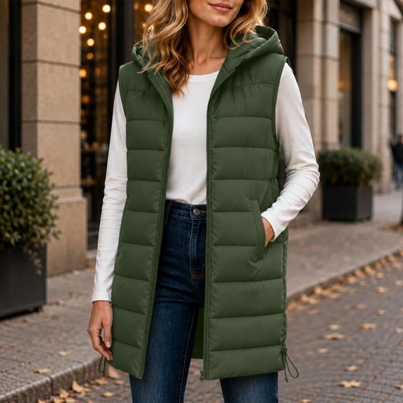 MOONDU Women's Long Puffer Vest Hooded Zip Up Quilted Sleeveless Jacket with Pockets, Drawstring Waist Lightweight Gilet for Fall Winter Layering Casual Wear