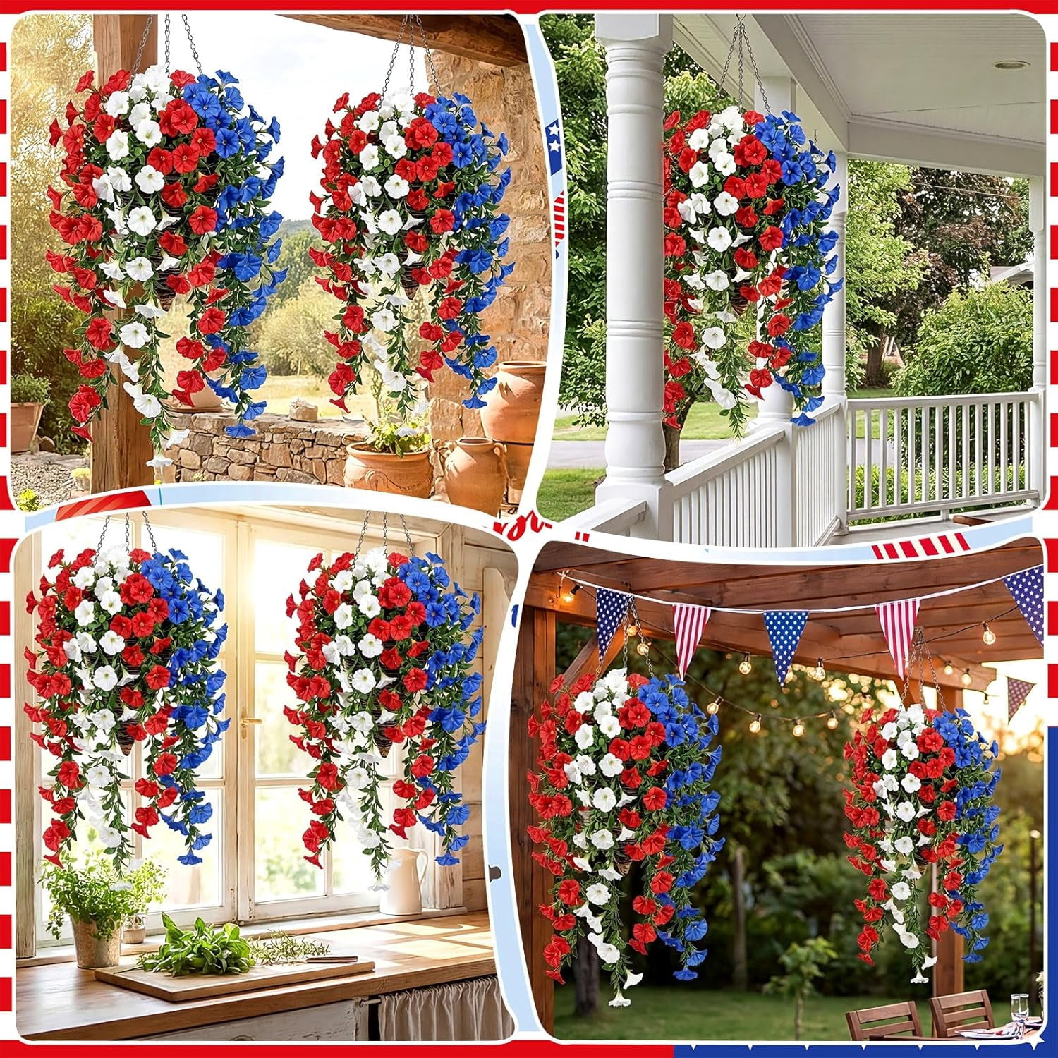 2PCS Red White Blue Artificial Hanging Flowers Outdoor, 250th Anniversary Patriotic Fake Flowers for 4th of July Independence Memorial Day Garden Yard Porch Patio Home Decor(C)