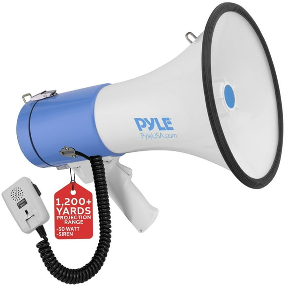 PYLE Haut-Parleur Mégaphone Portable PA Bullhorn - Sirène Intégrée, Contrôle du Volume Réglable 50W dans une Portée de 1200 Yards, Idéal pour Tout Sport Extérieur, Fans de Cheerleading & Entraîneurs