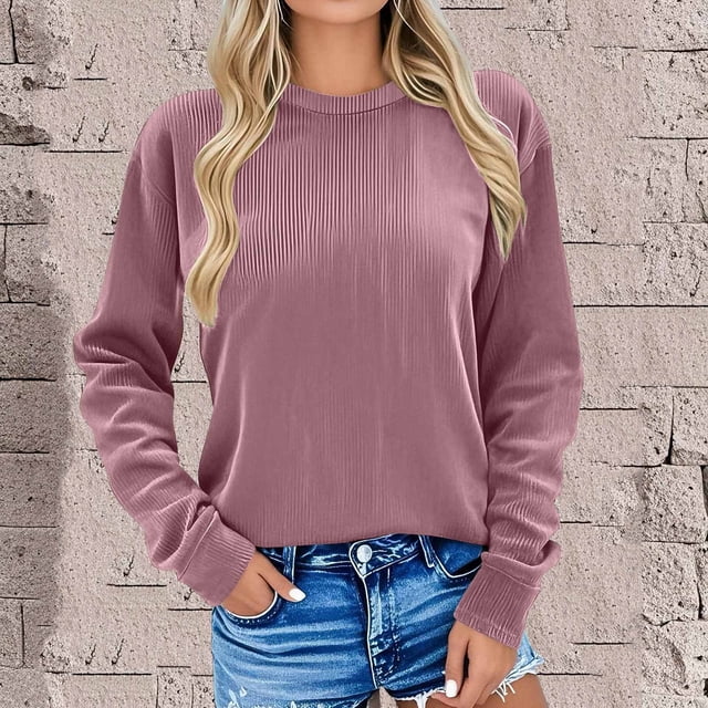 Amzcrzy Chandails en Molleton pour Femmes Décontracté Couleur Unie Manches Longues Col Rond Chandails en Molleton Mode Coton Côtelé Automne Chandail en Molleton pour Femmes TG