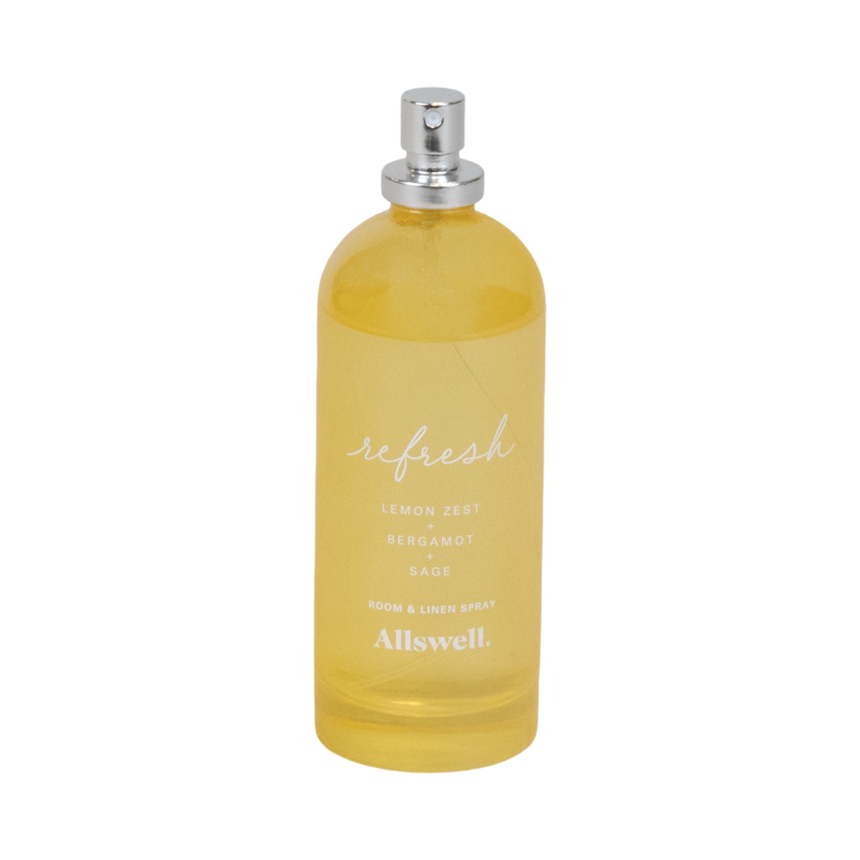 Allswell Refresh (Lemon Zest + Bergamot + Sage) Scented Room & Linen Spray 3.4 Fl oz (100mL).