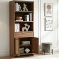 thumbnail image 4 of OAKHAM 5 Shelf Bookcase Set of 2 , 73" Tall Rattan Bookshelf with Doors Cabinet and Drawer, Special Walnut, 4 of 11