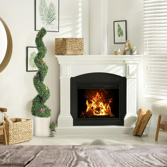 2 PCS 5 FT Artificial Spiral Topiary Trees, UV Resistant Artificial Outdoor Plants with Straw Bag, Front Door Faux Plant, Fake Outdoor Topiary Set of 2 for Home Decor, Porch, Garden