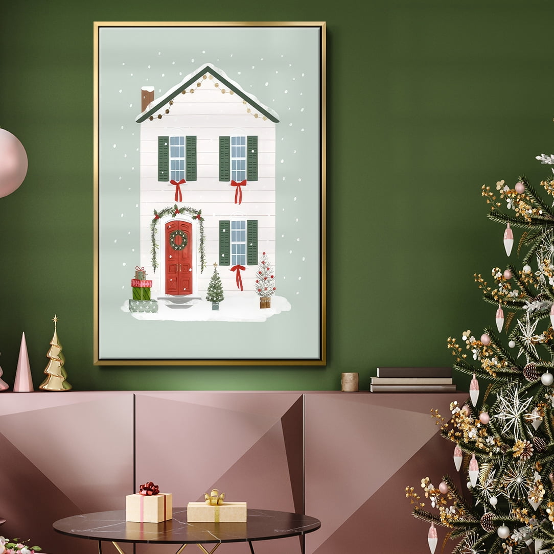 Festive Front Door III - Framed Gallery Wrapped Holiday Canvas - 17 x 25 - Gold Frame