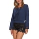 thumbnail image 4 of INSPIRAR CHIC Blusas de Mujer con Mangas de Campana, Encaje Boho, Cintura Fruncida, Blusa Campesina, Azul Marino S, 4 of 6