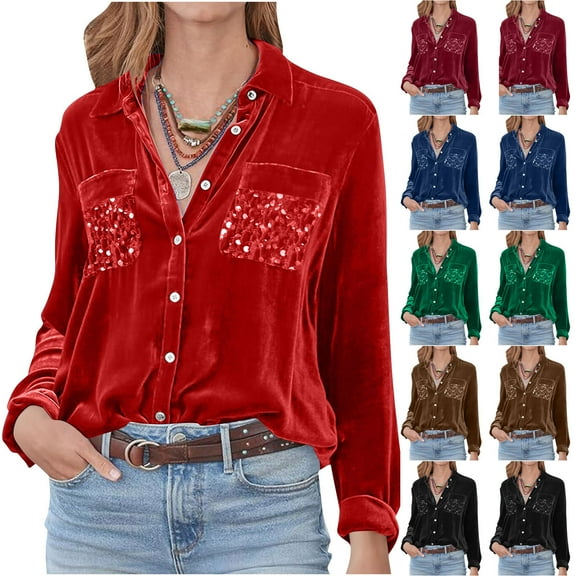 Purcolt Velvet Tops for Women Sequin Womens Sparkly Shirts Blouses Button Down Long Sleeve Top Festival Luxury Outfits