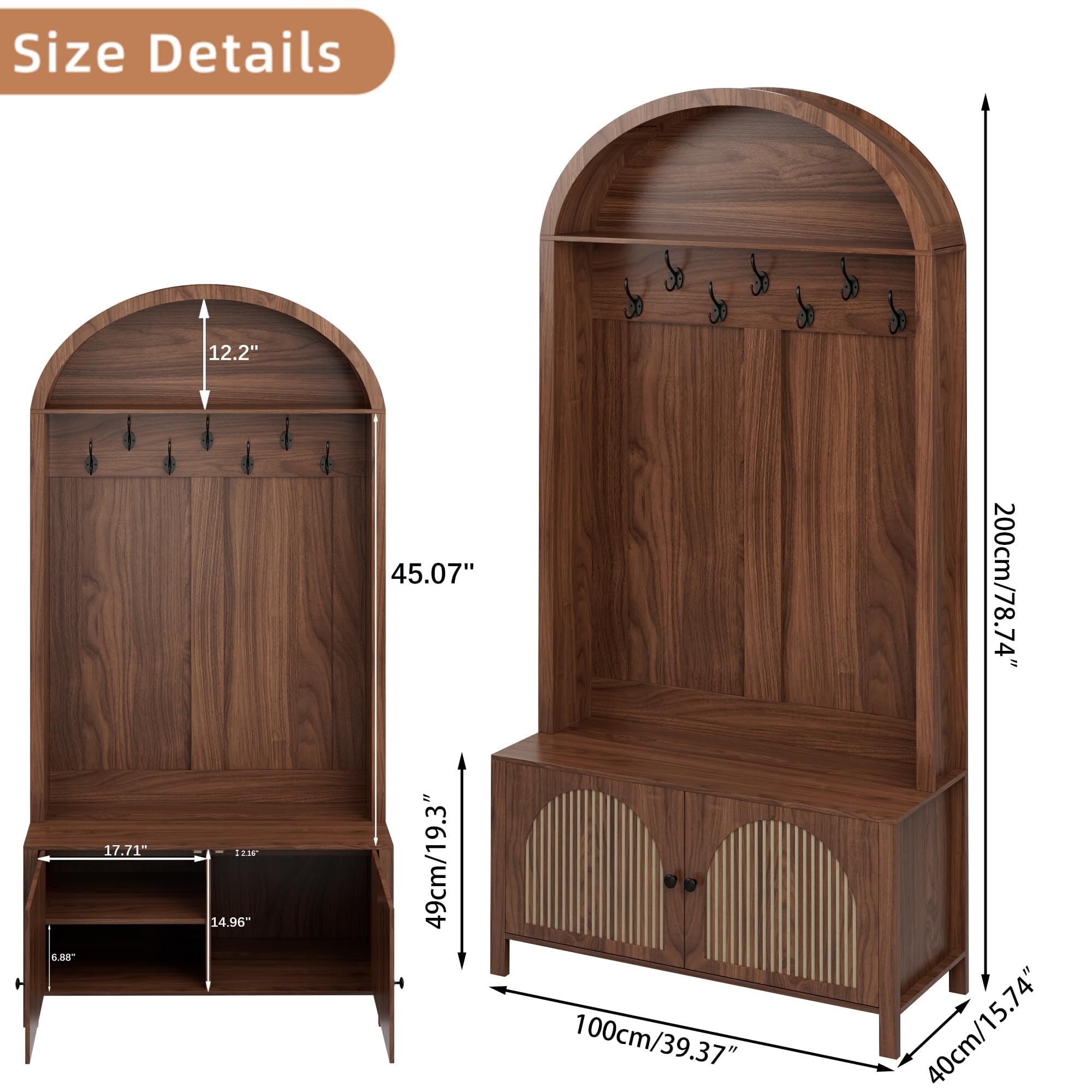 Hall Tree with Bench & Shoe Storage, 71" Arch Entryway Coat Rack with 4 Hooks & 2 Fluted Doors, Farmhouse Organizer, 39.37"W