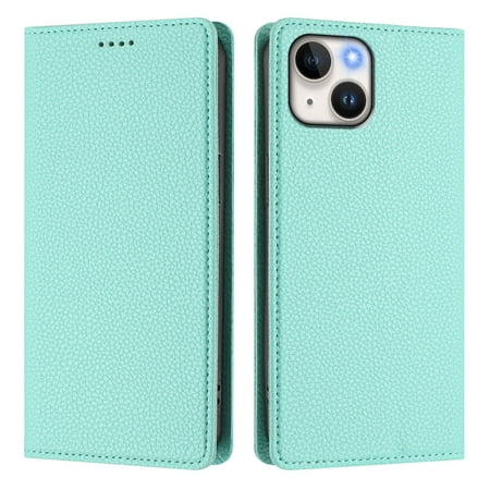 Magnetic Flip Wallet Case for iPhone 15,Compatible Card Holder with RFID Protection Built-in Stand TPU + PU Leather Phone Cover, Mint green