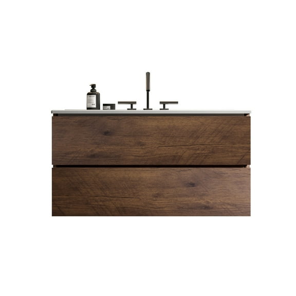 36 Inch Wall Mounted Floating Bathroom Vanity with Ceramic Sink, Double Soft Close Drawers, Handle Free Design, Walnut Finish