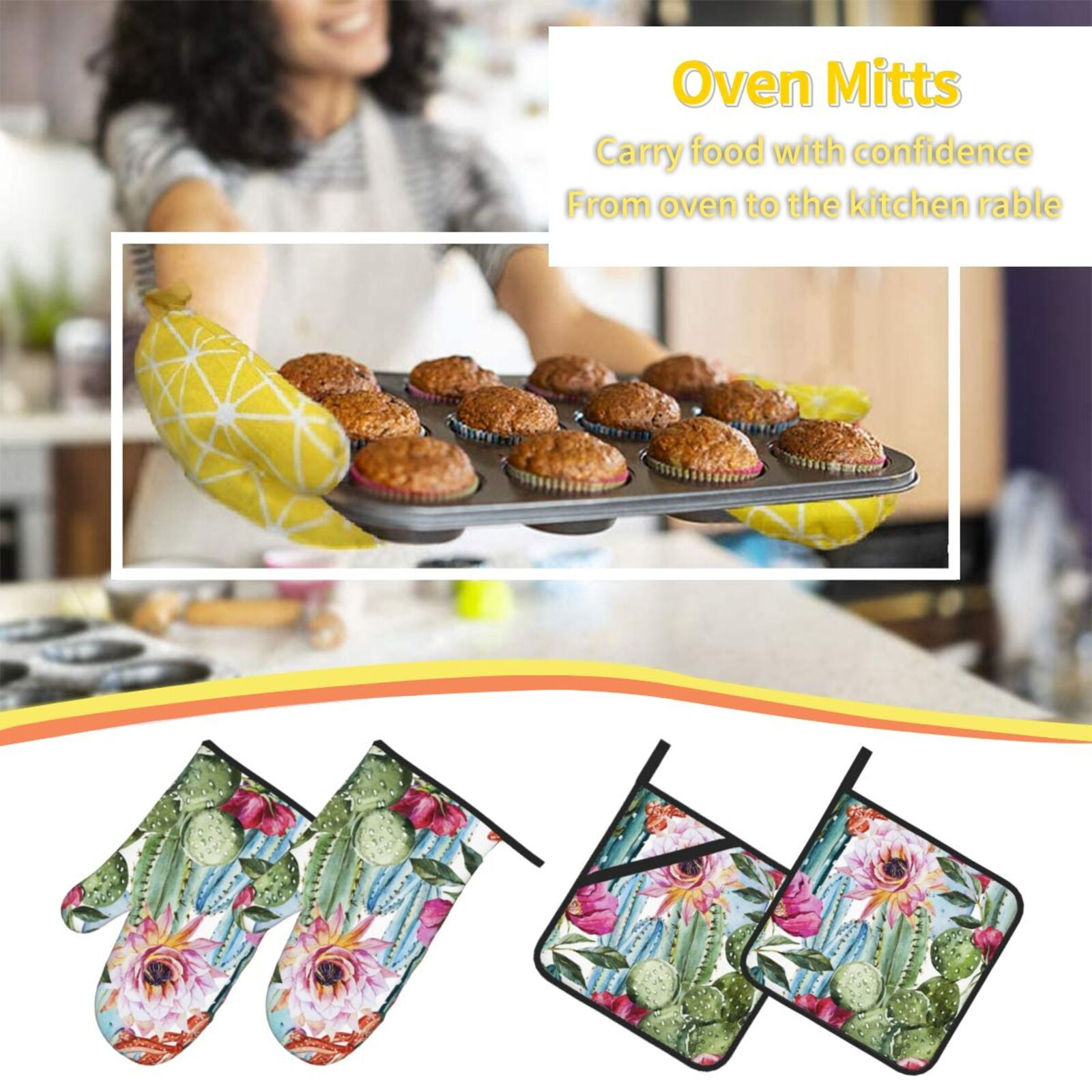 Watercolor Cactus Flower Floral 4Pcs Oven Mitts and Pot Holders Sets Oven Kitchen Gloves Hot Pads for Cooking BBQ Baking Grilling