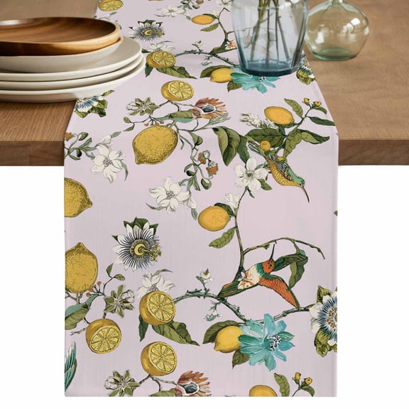 Pink Botanical Cotton Linen Table Runner for Dining Kitchen, Spring Floral Summer Lemon Birds Wedding Outdoor Party Tablerunners Decoration, Dresser Scarf Coffee Tablecloth Runners 13x36 Inches