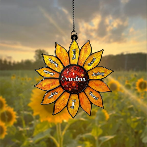 Grandma Sunflower Suncatcher Ornament - 'You Are My Sunshine' Custom Grandkids Names, Acrylic Window Hanging, Grandma Gift