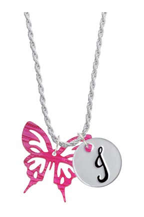 Acrylic Medium Cut Out Butterfly Magenta Silvertone Script Initial Disc - J - Charm Necklace, 20"+3"